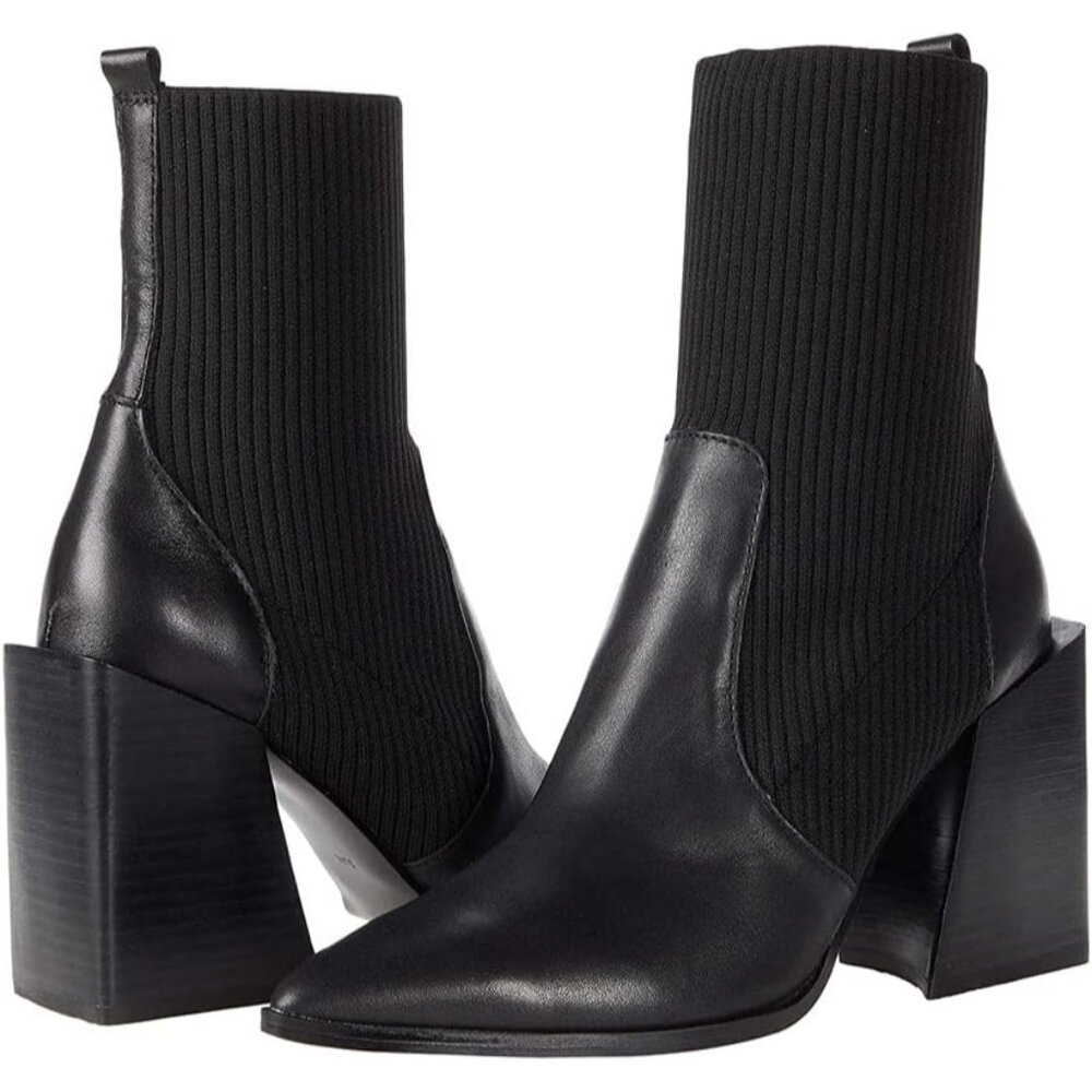 Women's Black Chunky Stacked Heel Ankle Boots Pointed Toe Slip On Booties - Picture 3 of 6